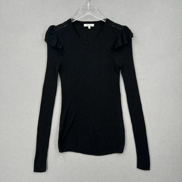 MADEWELL Sweater Womens Small Black Ruffle Sleeve Pullover Crew neck Ribbed - Picture 3 of 12